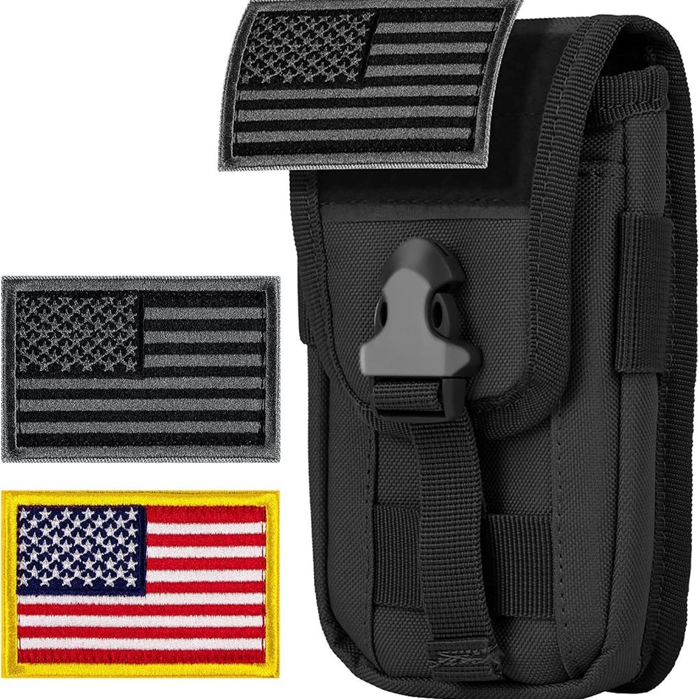 Tactical Cell Phone Holster Pouch with US Flag Patch (Black + 2 Patches #1)